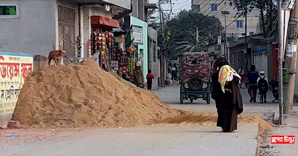 পাইকপাড়ায় রাস্তা দখল করে ইট-বালুর রমরমা ব্যবসা